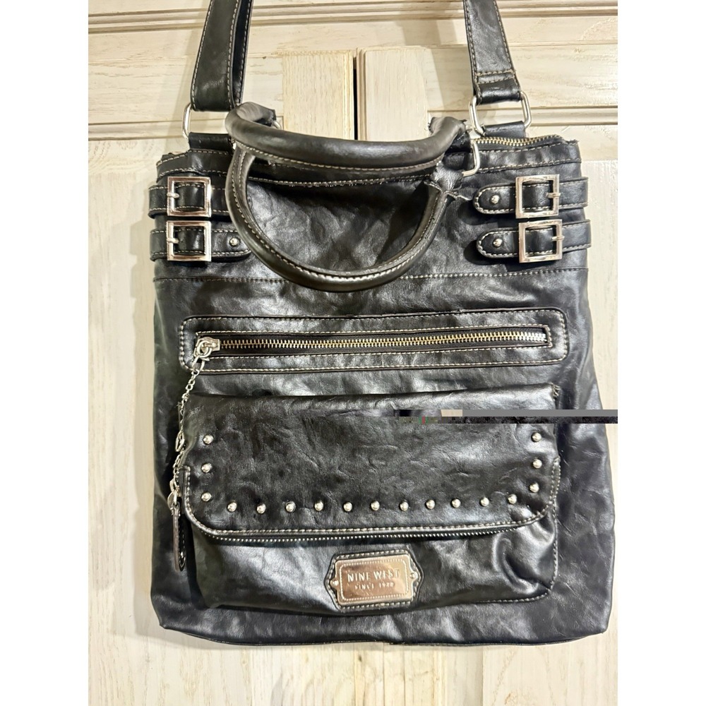 Nine West Shoulder Bag Zip Closure Buckle Studded Zipper Accent Black for Women